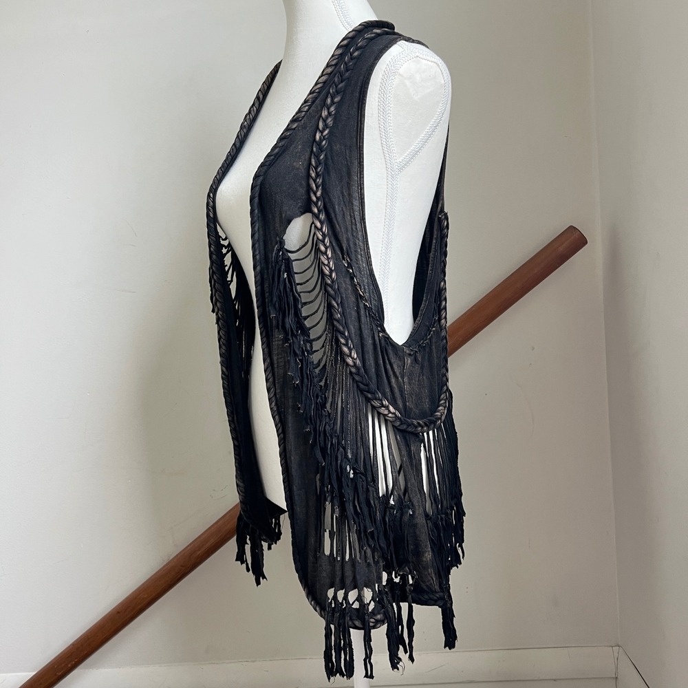 Rock & Roll Cowgirl Vest Large Black Braided Fringe Western Boho Edgy Festival - Picture 9 of 15